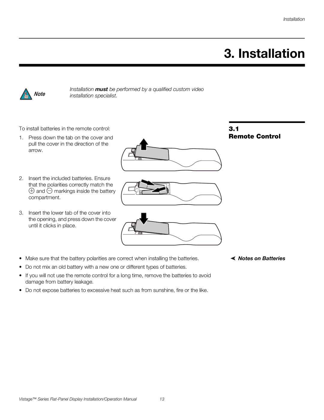 Runco V-50HD, V-63HD operation manual Remote Control, Installation specialist 