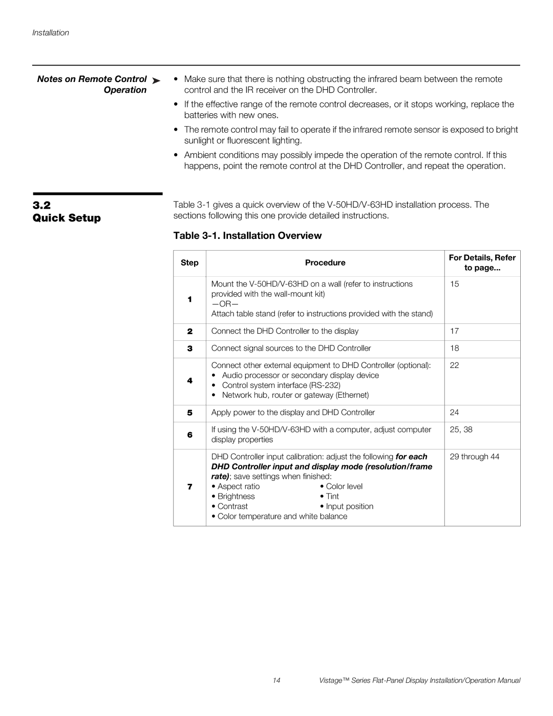 Runco V-63HD, V-50HD operation manual Quick Setup, Installation Overview, Operation, Step Procedure For Details, Refer 