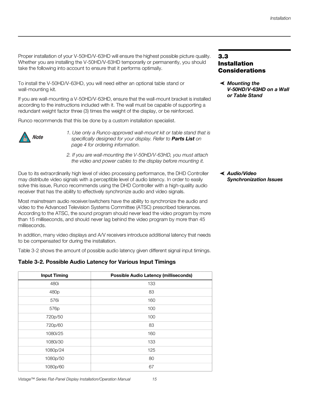 Runco V-50HD, V-63HD Installation Considerations, Possible Audio Latency for Various Input Timings, Audio/Video 