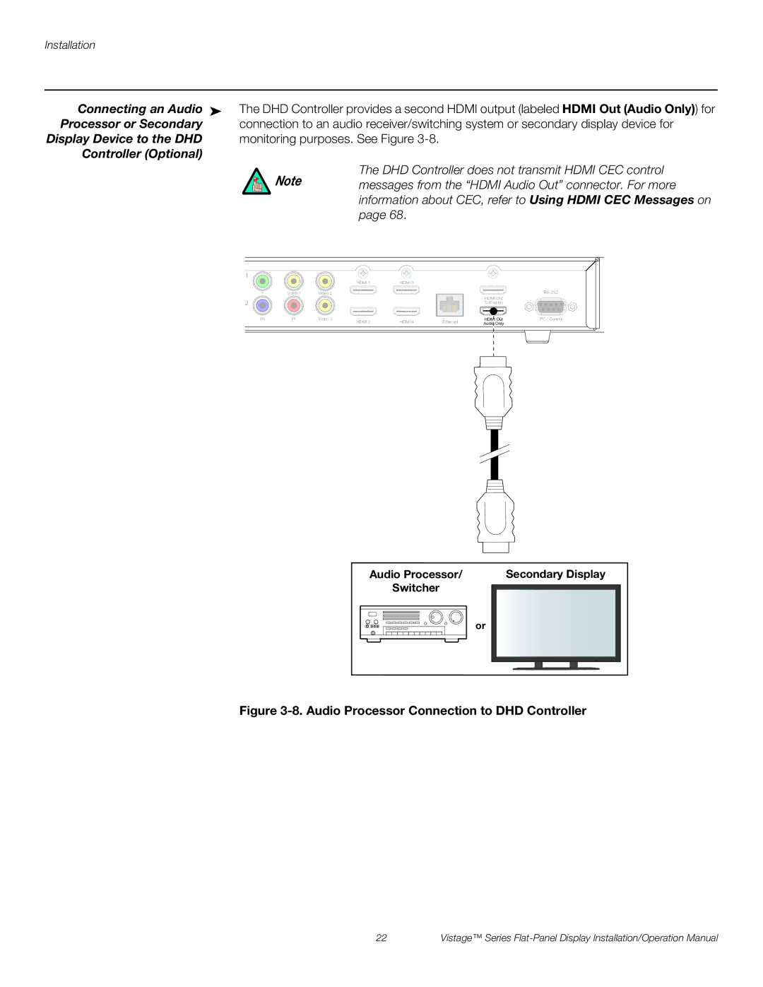 Runco V-63HD, V-50HD Connecting an Audio, Processor or Secondary, Display Device to the DHD, Controller Optional 