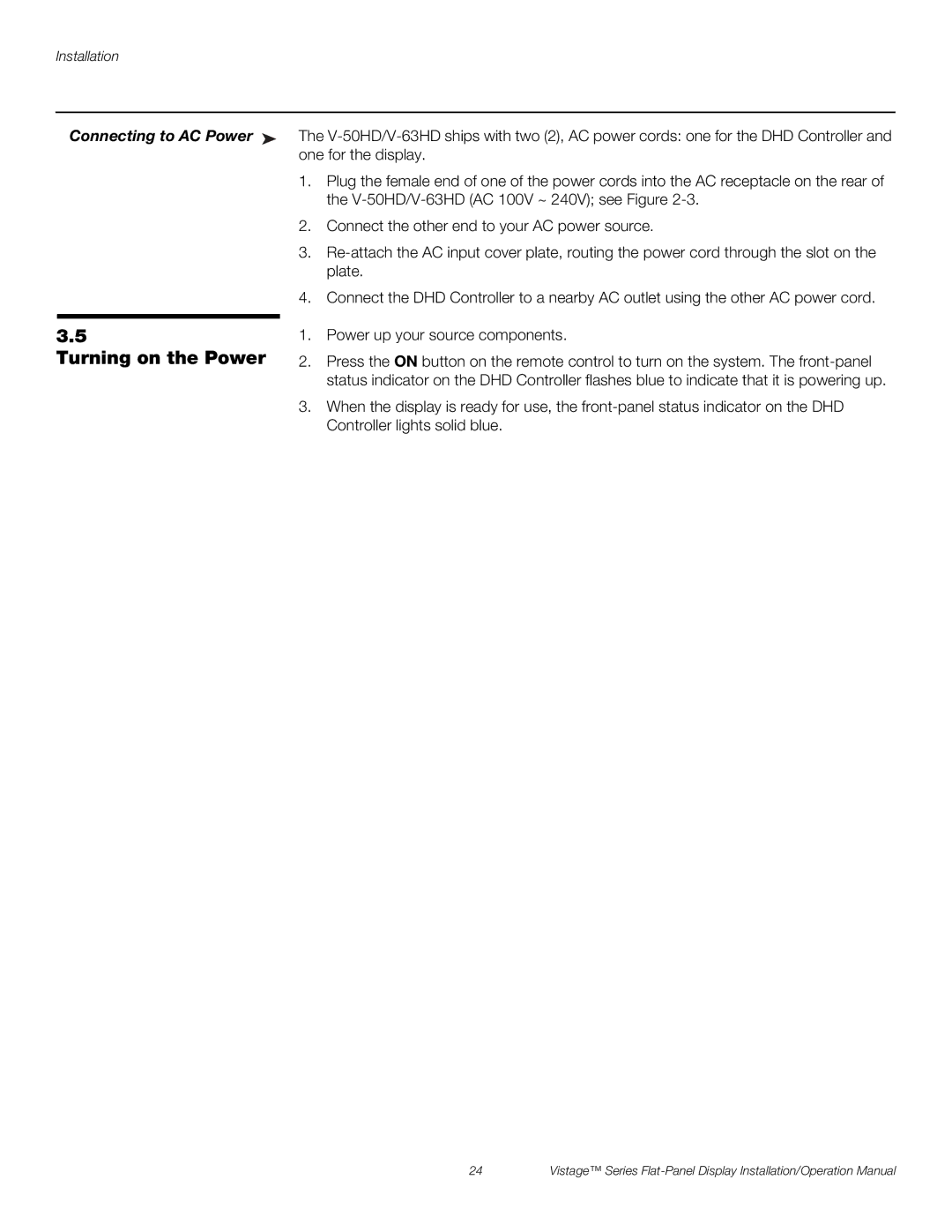 Runco V-63HD, V-50HD operation manual Turning on the Power, Connecting to AC Power 