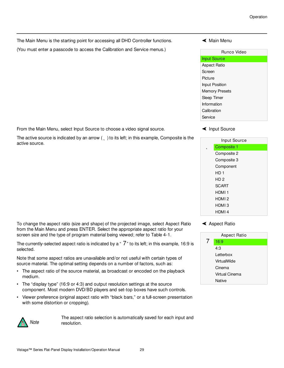 Runco V-50HD, V-63HD operation manual Main Menu, Input Source, Aspect Ratio 
