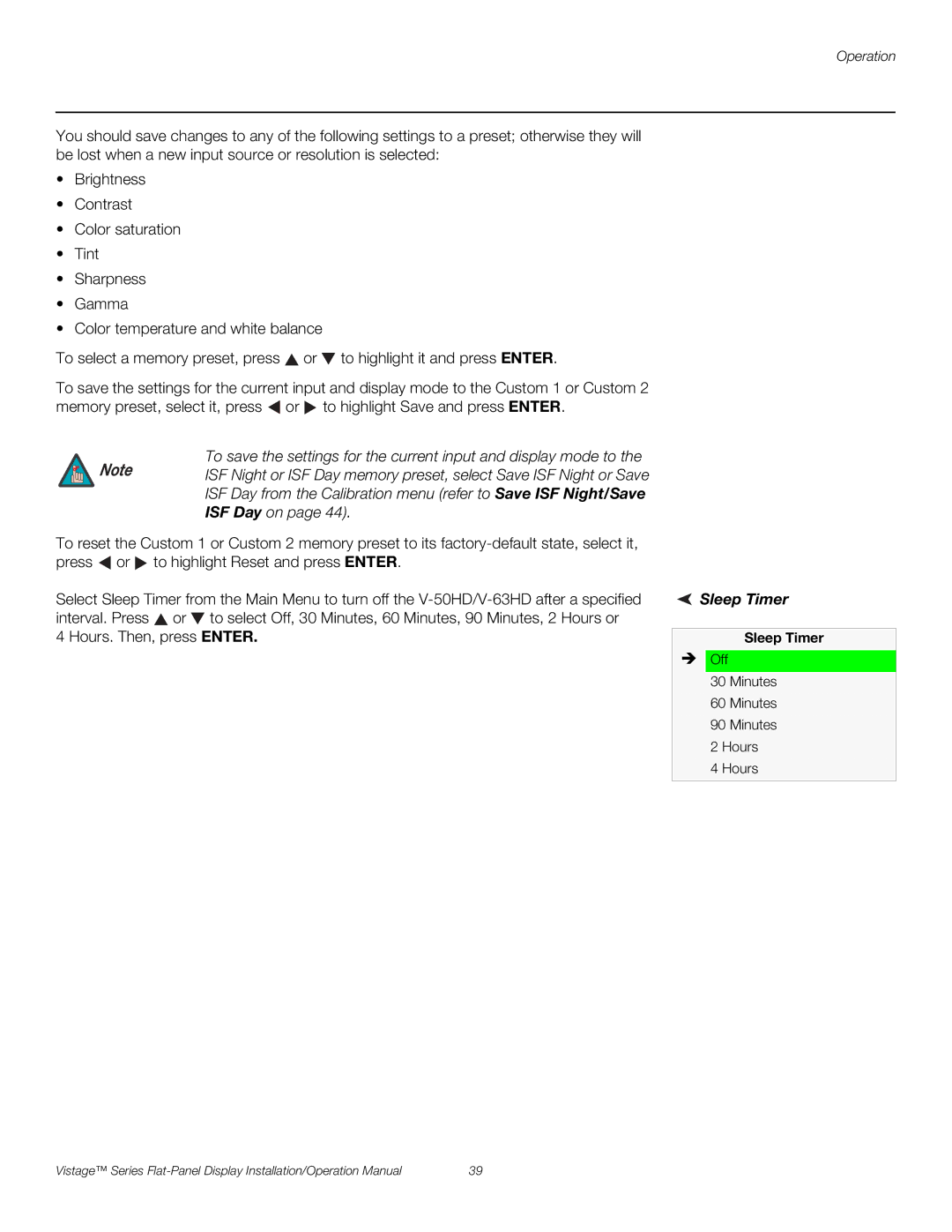 Runco V-50HD, V-63HD operation manual Sleep Timer 