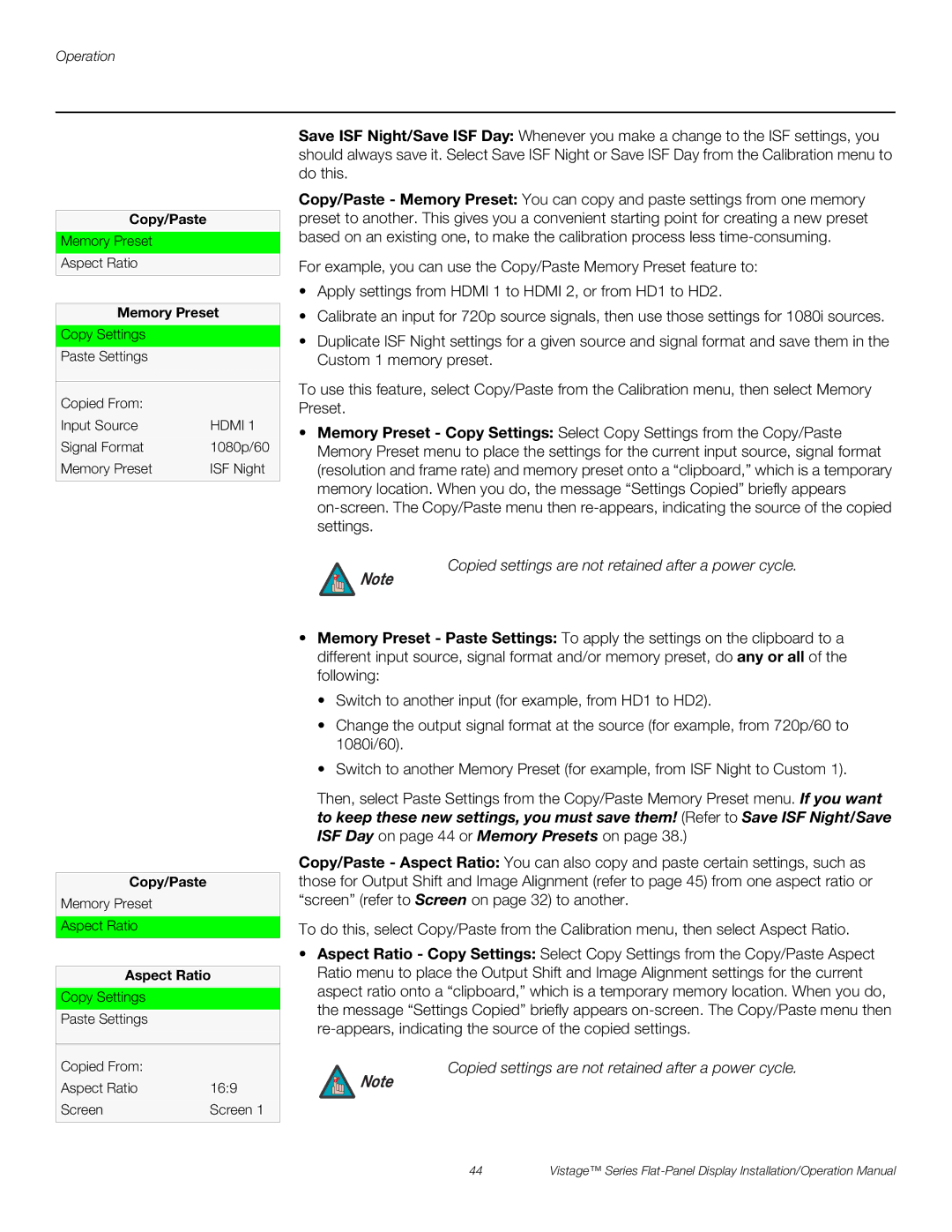 Runco V-63HD, V-50HD operation manual Copied settings are not retained after a power cycle, Copy/Paste, Memory Preset 