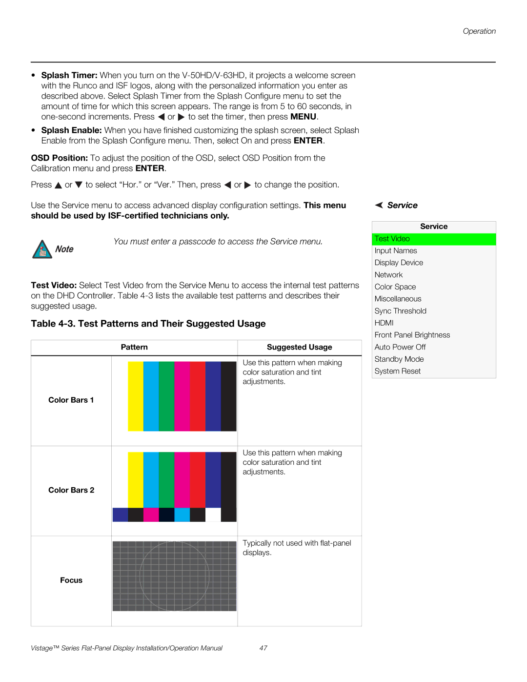 Runco V-50HD, V-63HD Test Patterns and Their Suggested Usage, You must enter a passcode to access the Service menu 