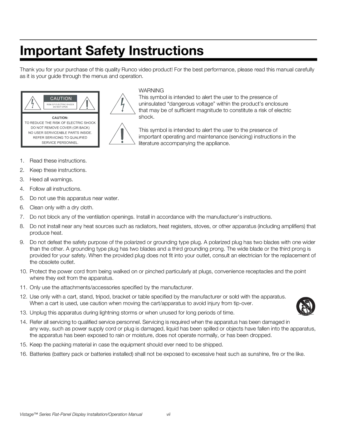 Runco V-50HD, V-63HD operation manual Important Safety Instructions 