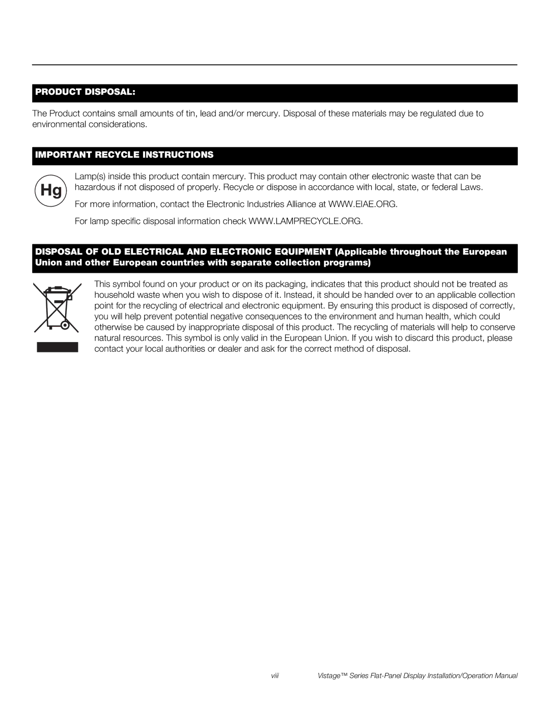 Runco V-63HD, V-50HD operation manual Product Disposal 