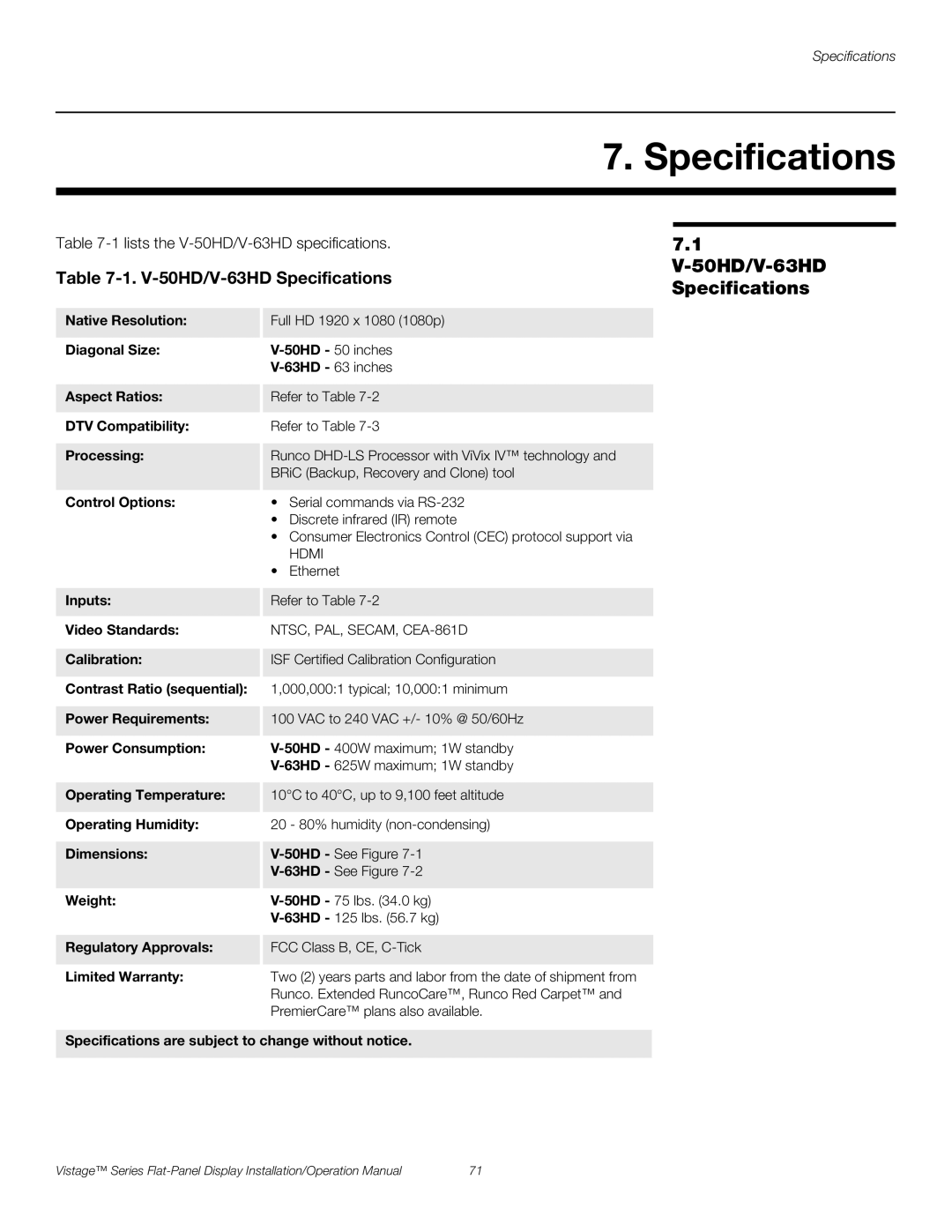 Runco operation manual V-50HD/V-63HD Specifications 