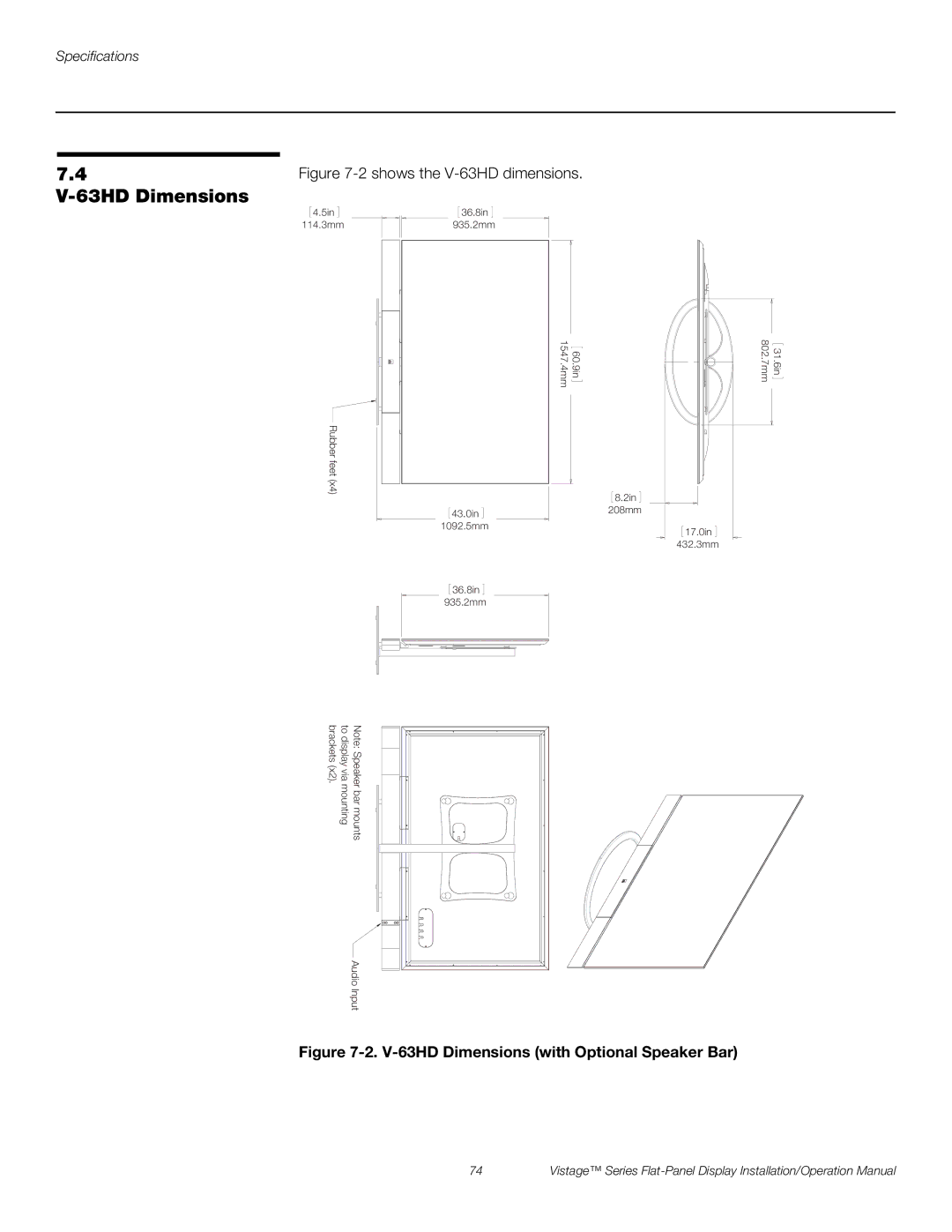 Runco V-50HD operation manual 63HD Dimensions, 2shows the V-63HD dimensions 