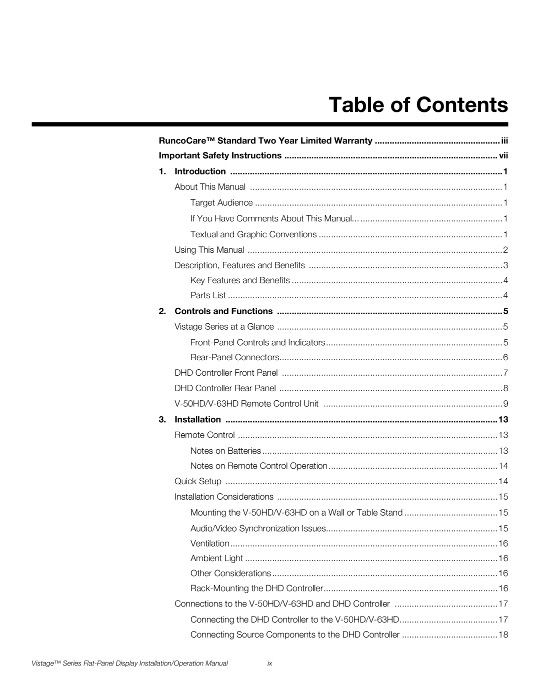 Runco V-50HD, V-63HD operation manual Table of Contents 