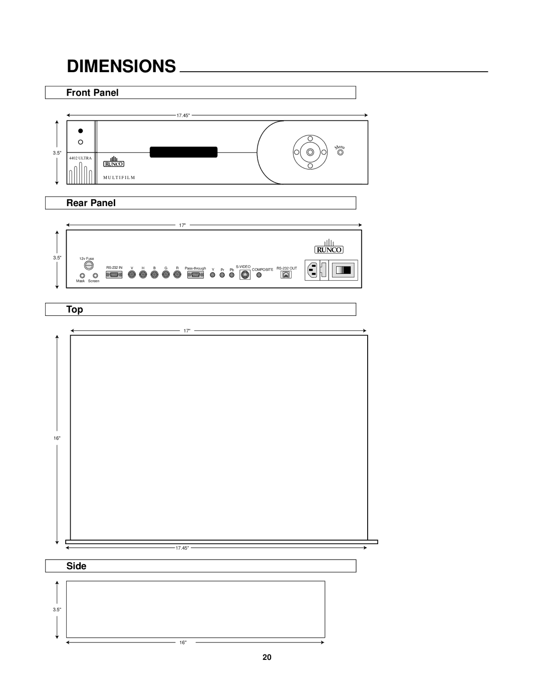 Runco VHD-4402, virtual high definition processor with aspect ratio control manual Dimensions, Top, Side 