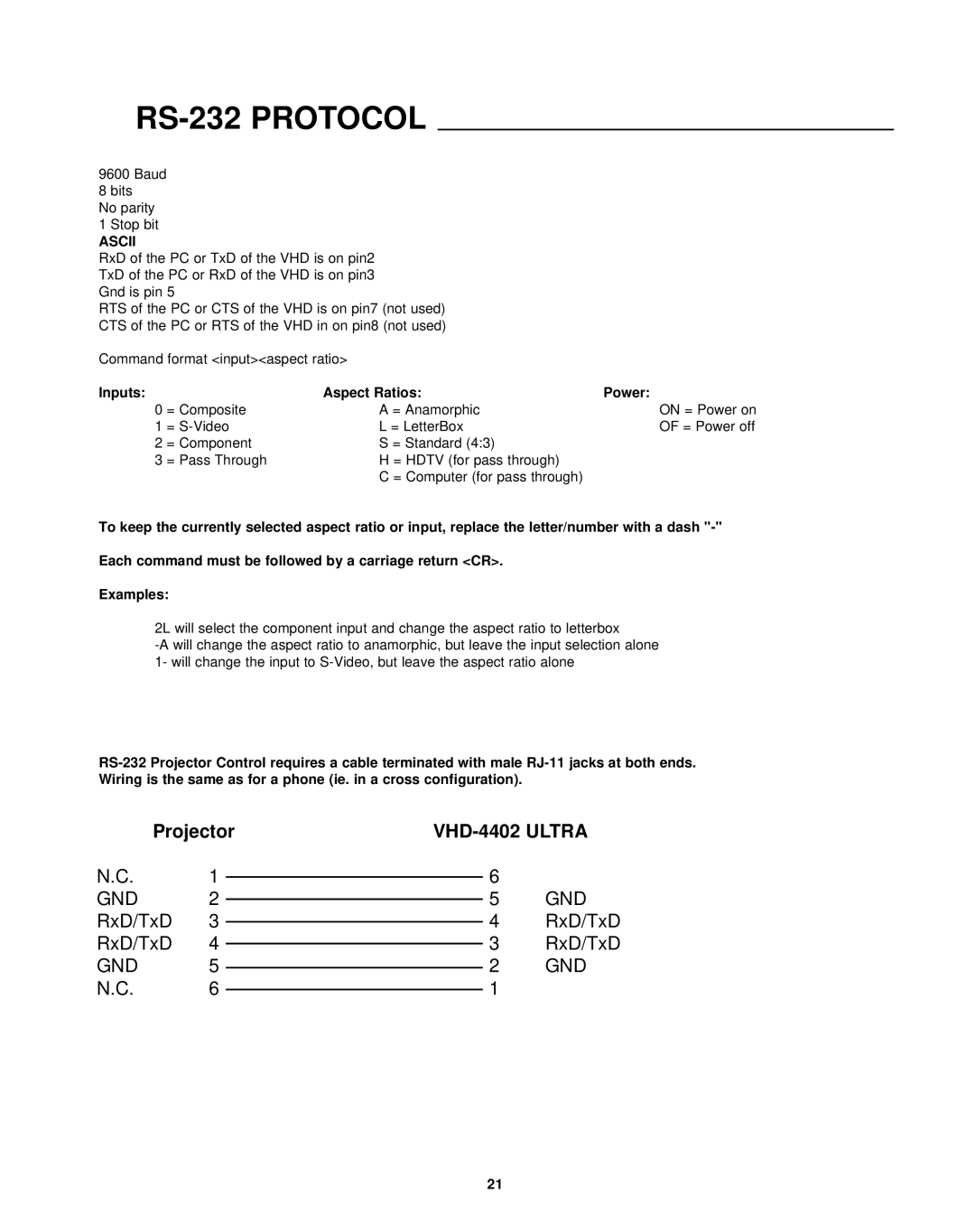 Runco virtual high definition processor with aspect ratio control manual RS-232 Protocol, Ascii, Inputs Aspect Ratios Power 