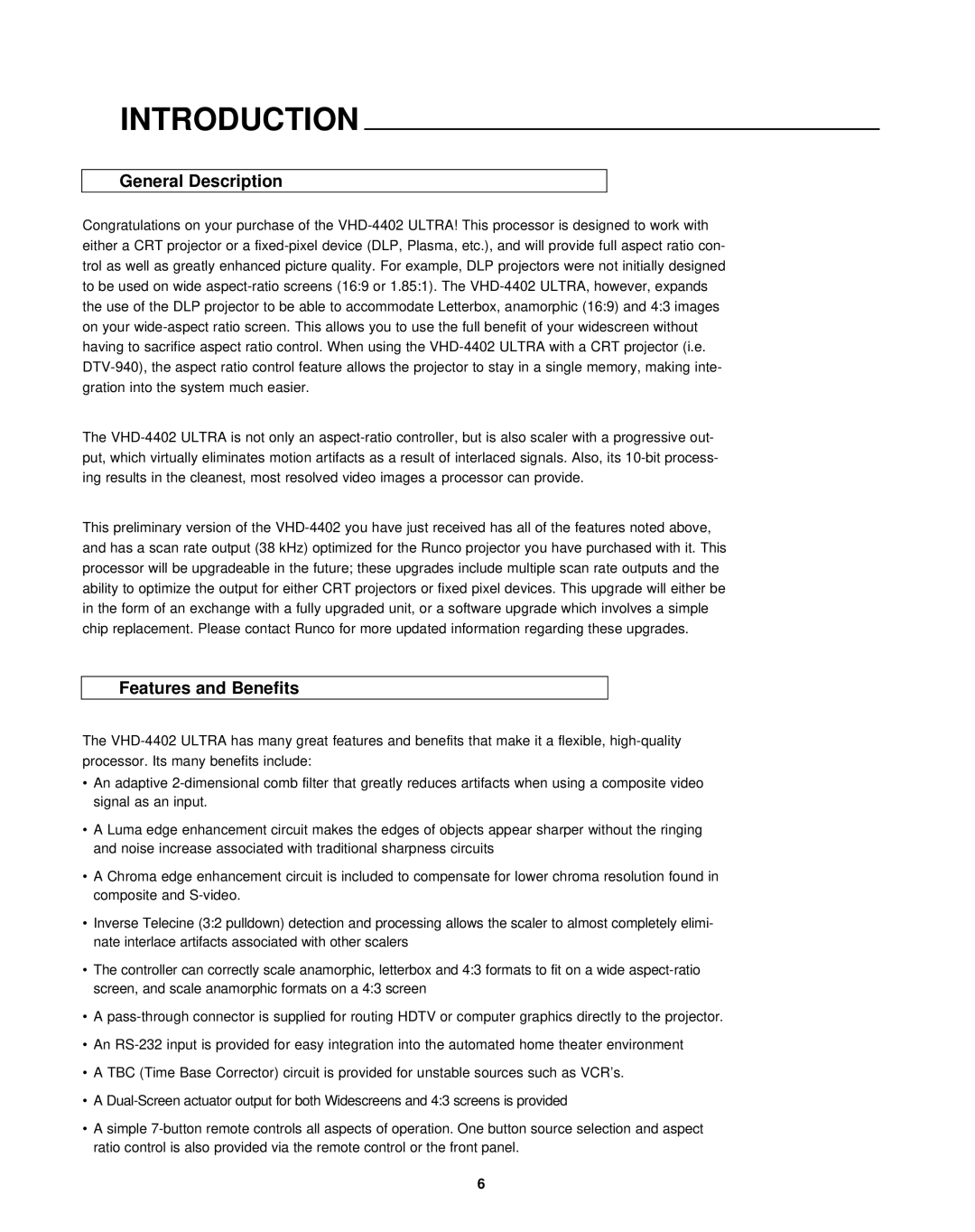 Runco VHD-4402 manual Introduction, General Description, Features and Benefits 