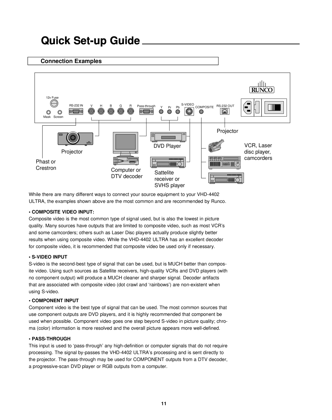Runco virtual high definition processor with aspect ratio control, VHD-4402 Quick Set-up Guide, Connection Examples, Runco 