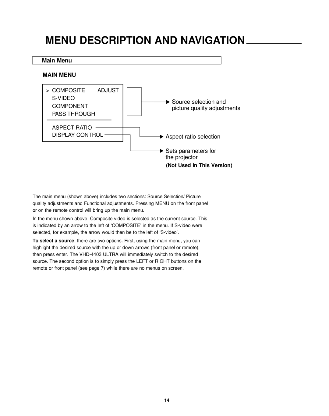 Runco VHD-4403 Ultra manual Menu Description and Navigation, Main Menu 