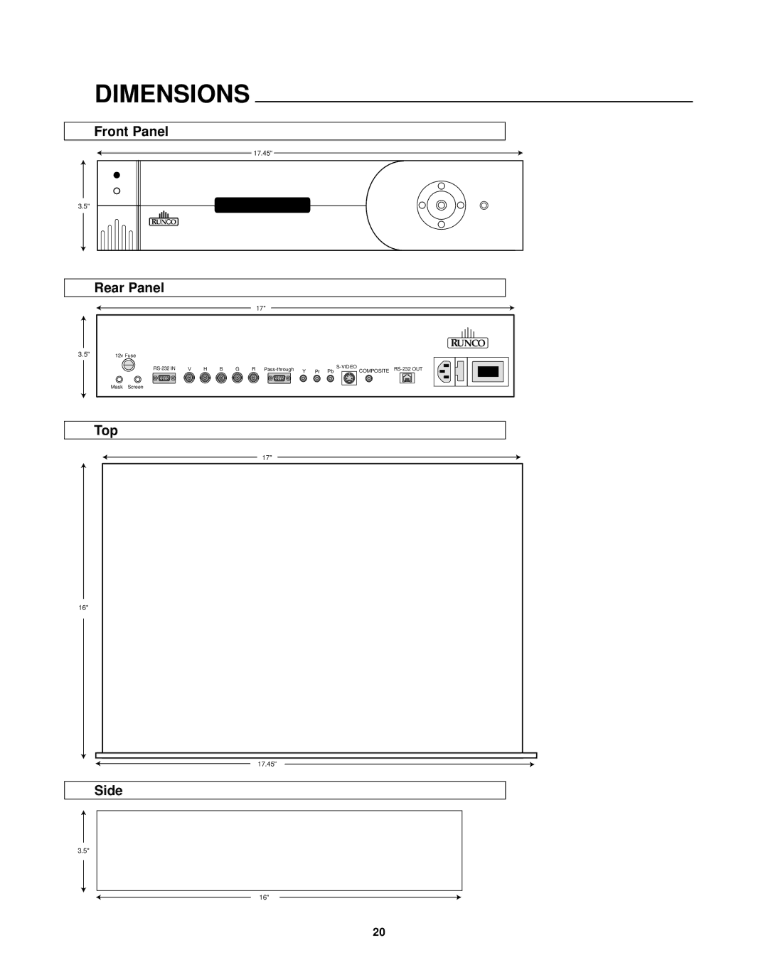 Runco VHD-4403 Ultra, virtual high definition processor with aspect ratio control manual Dimensions, Top, Side 