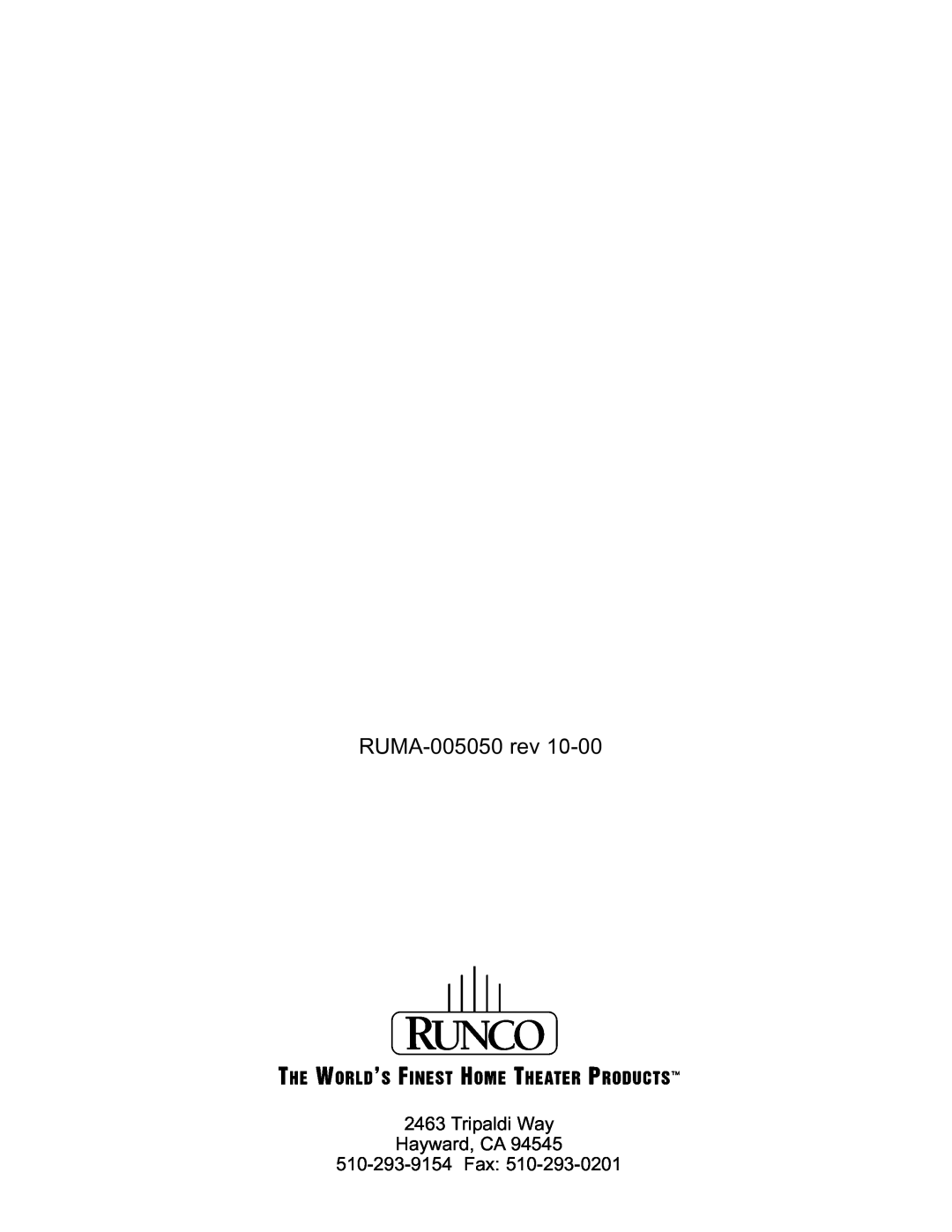 Runco VHD-4403 Ultra manual RUMA-005050rev, Tripaldi Way Hayward, CA 510-293-9154Fax 