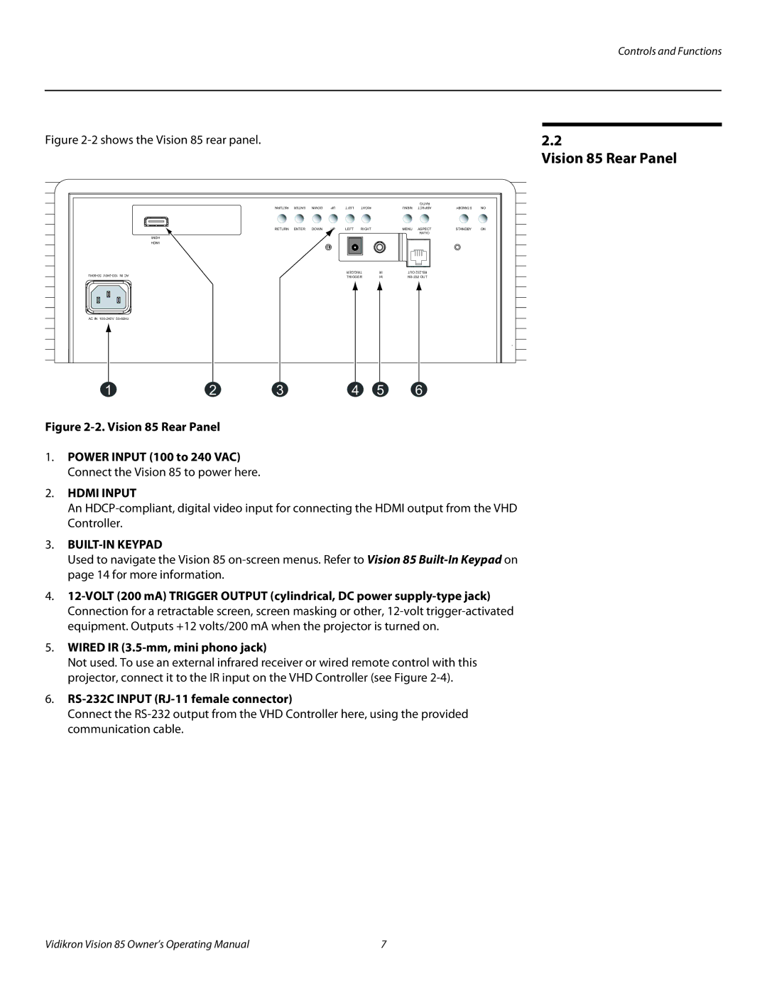 Runco manual Vision 85 Rear Panel, Wired IR 3.5-mm, mini phono jack, RS-232C Input RJ-11 female connector 