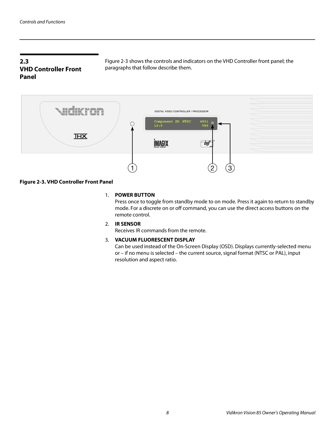 Runco Vision 85 manual VHD Controller Front Panel 