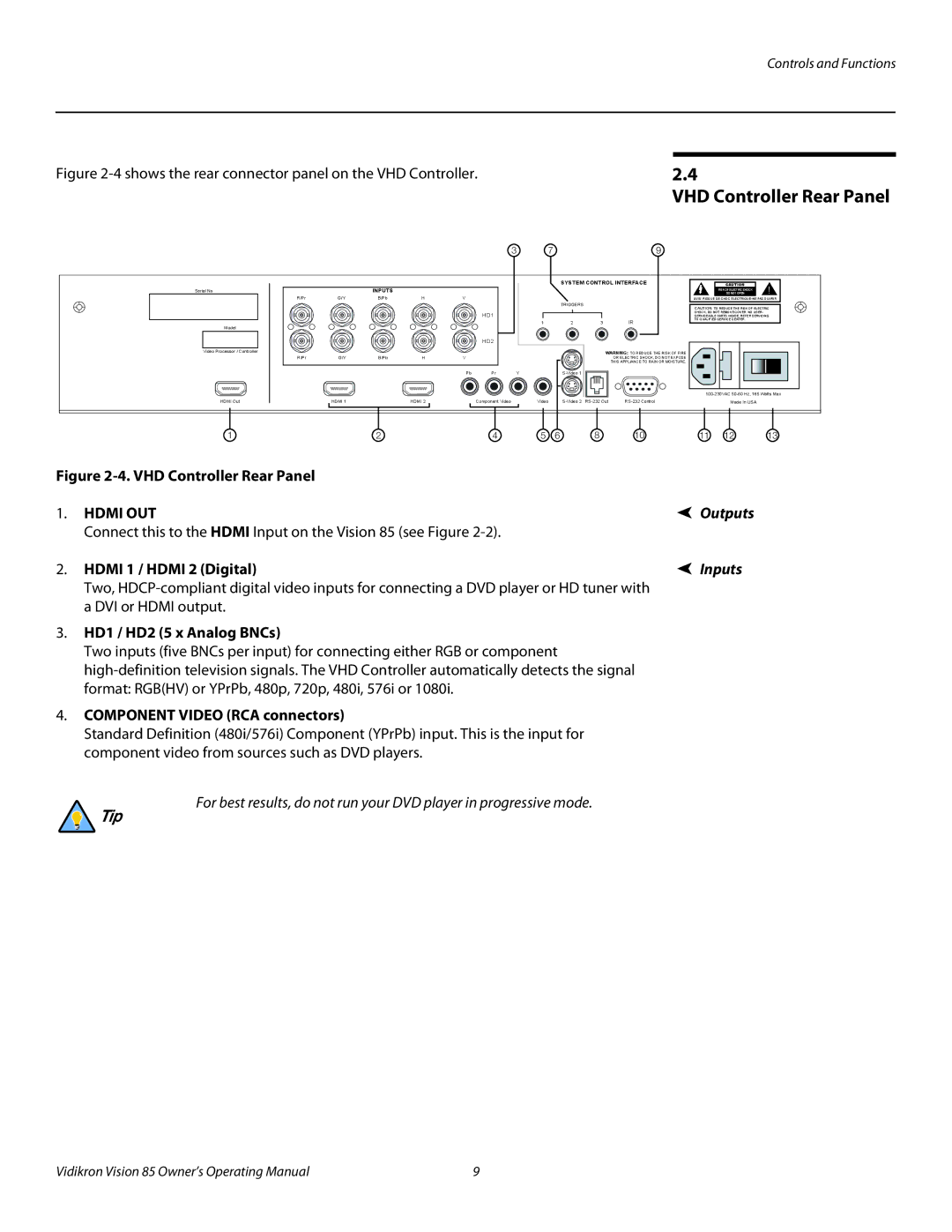 Runco Vision 85 manual VHD Controller Rear Panel, Hdmi 1 / Hdmi 2 Digital, Inputs, HD1 / HD2 5 x Analog BNCs 