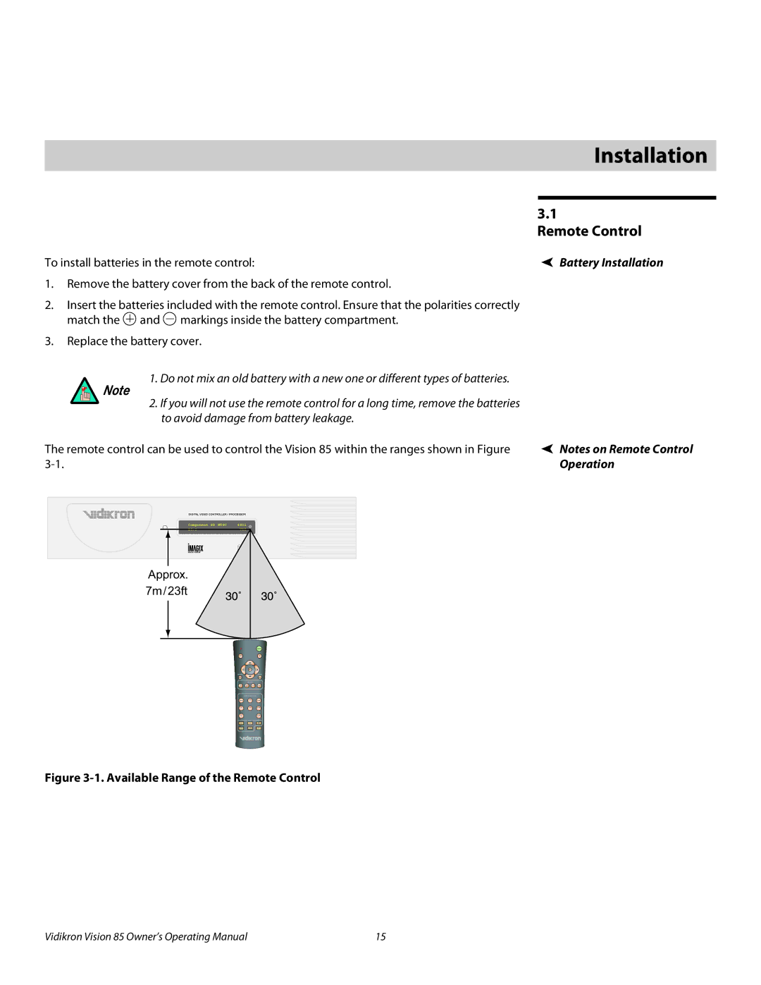 Runco Vision 85 manual 3Installation, Remote Control, To install batteries in the remote control, Operation 