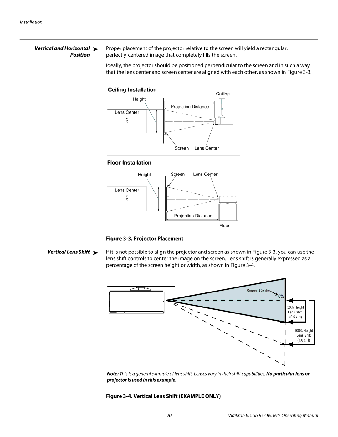 Runco Vision 85 manual Position, Ceiling Installation, Floor Installation 