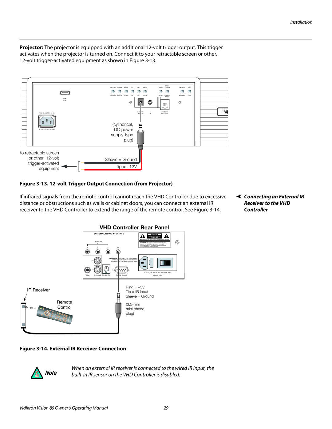 Runco Vision 85 volt Trigger Output Connection from Projector, Connecting an External IR Receiver to the VHD Controller 