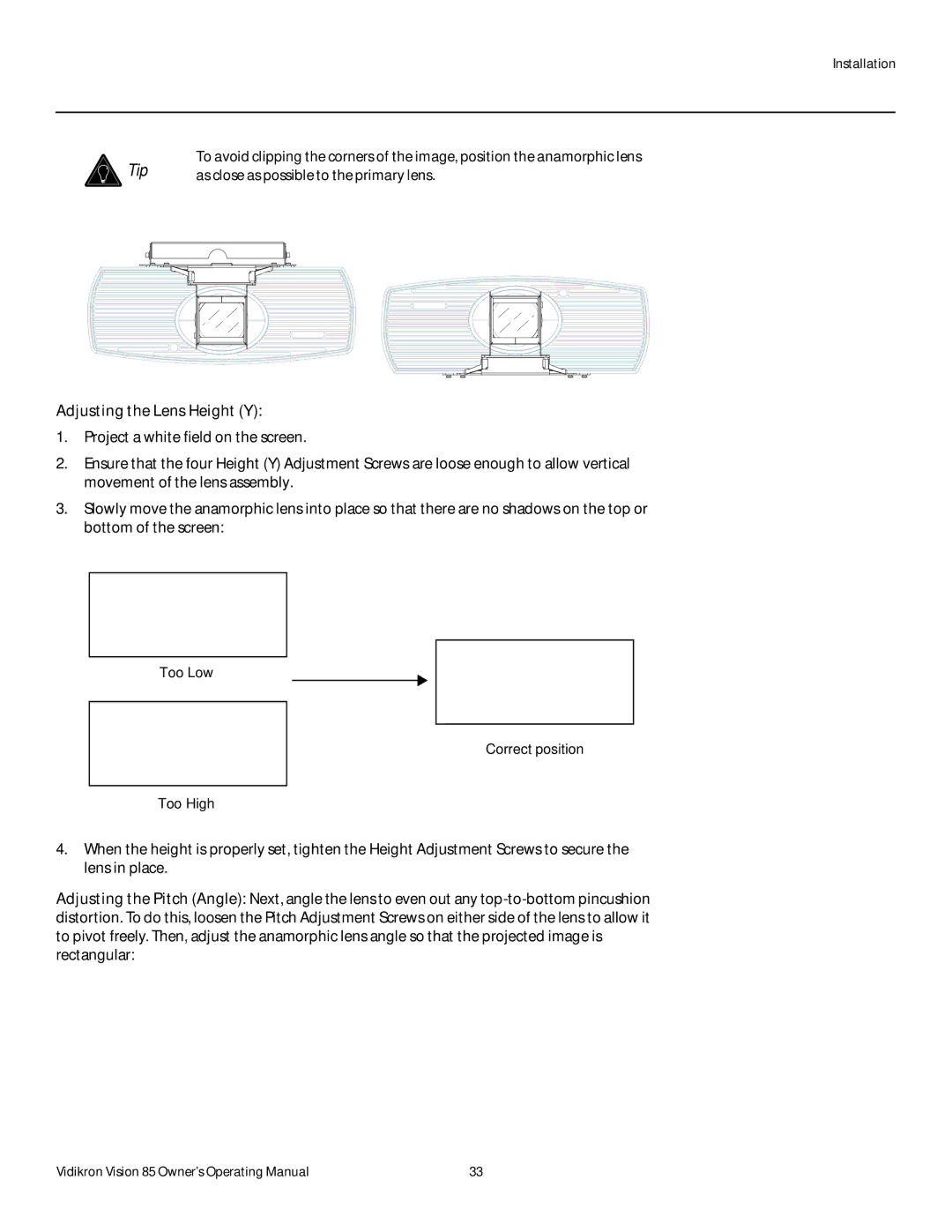 Runco Vision 85 manual Adjusting the Lens Height Y 