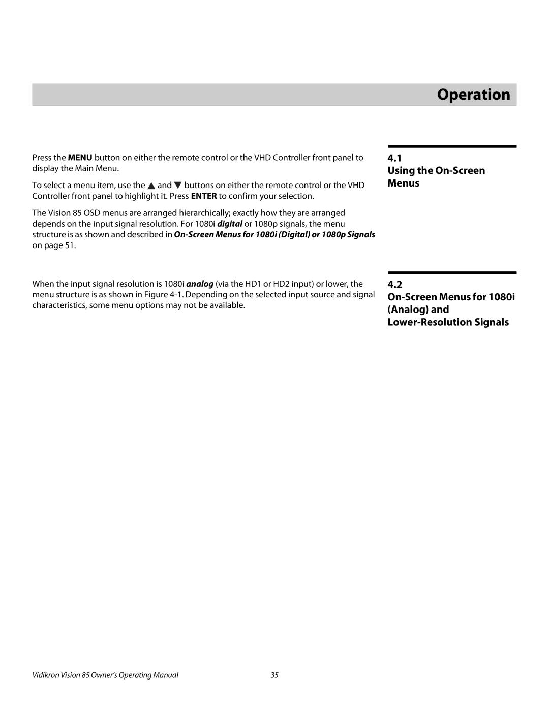 Runco Vision 85 manual 4Operation, Using the On-Screen Menus 