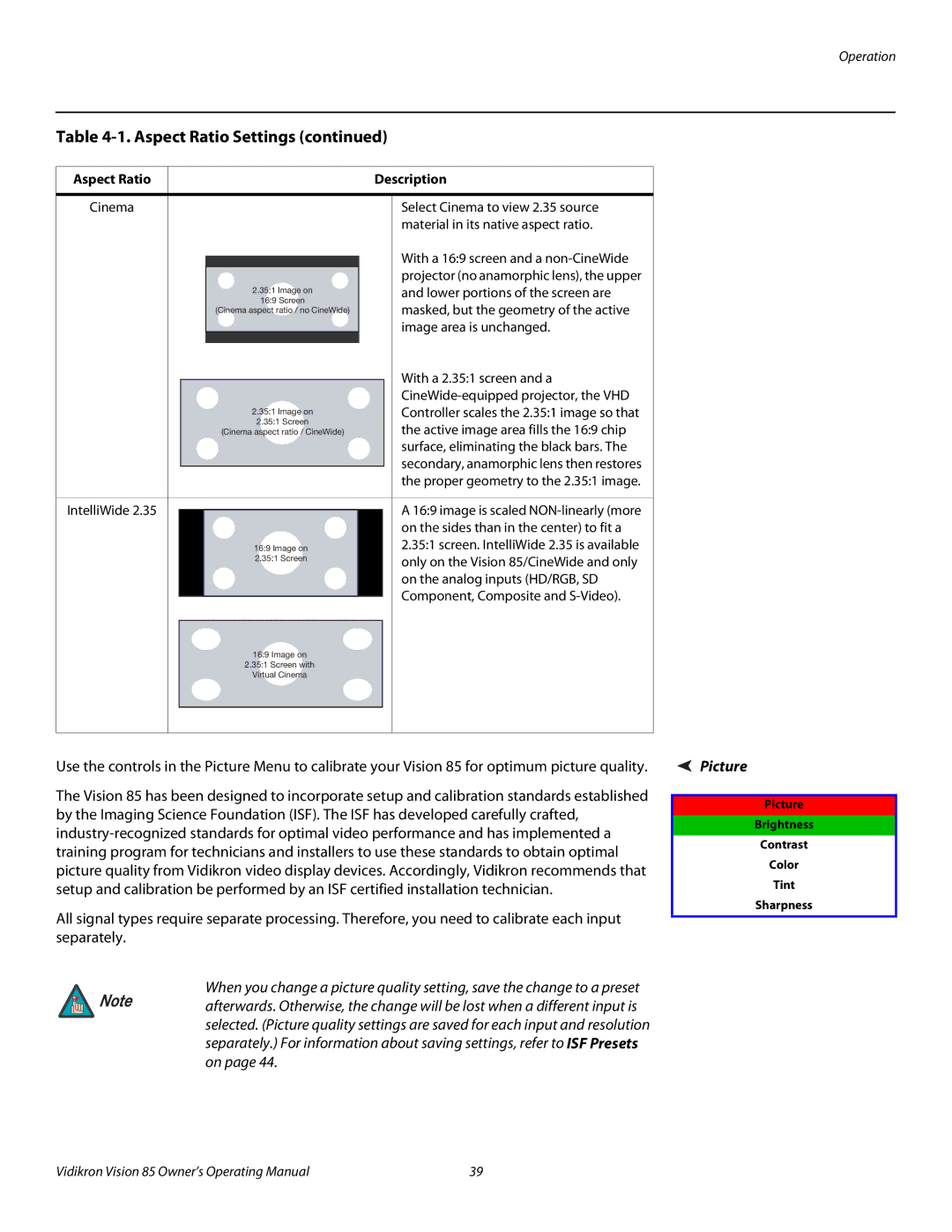 Runco Vision 85 manual Picture, Surface, eliminating the black bars 