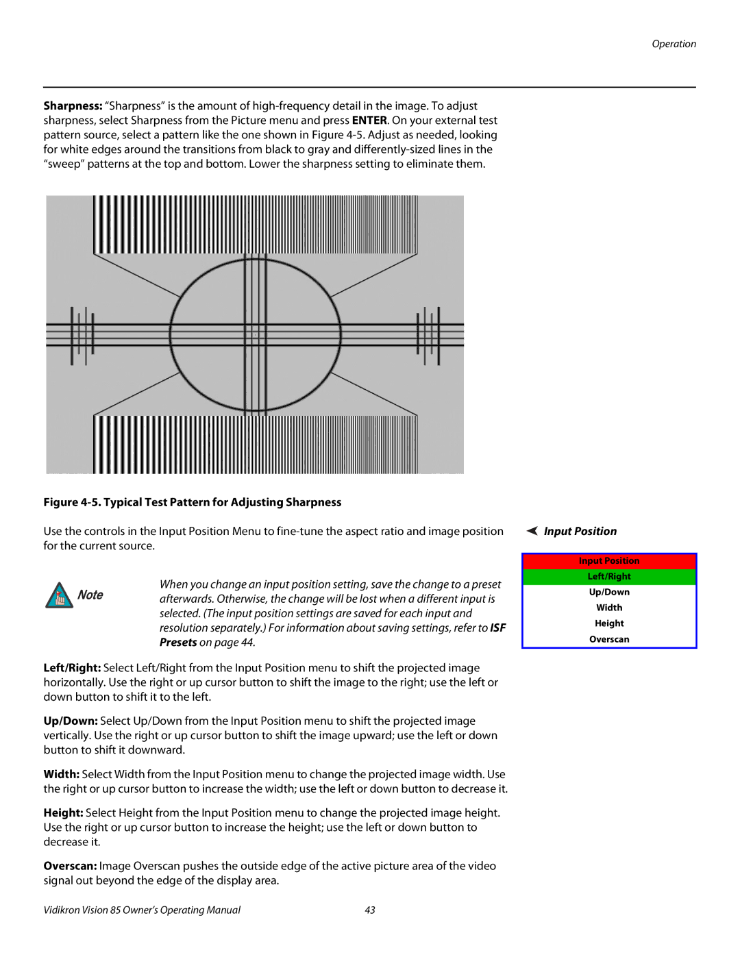 Runco Vision 85 manual Typical Test Pattern for Adjusting Sharpness, Input Position 