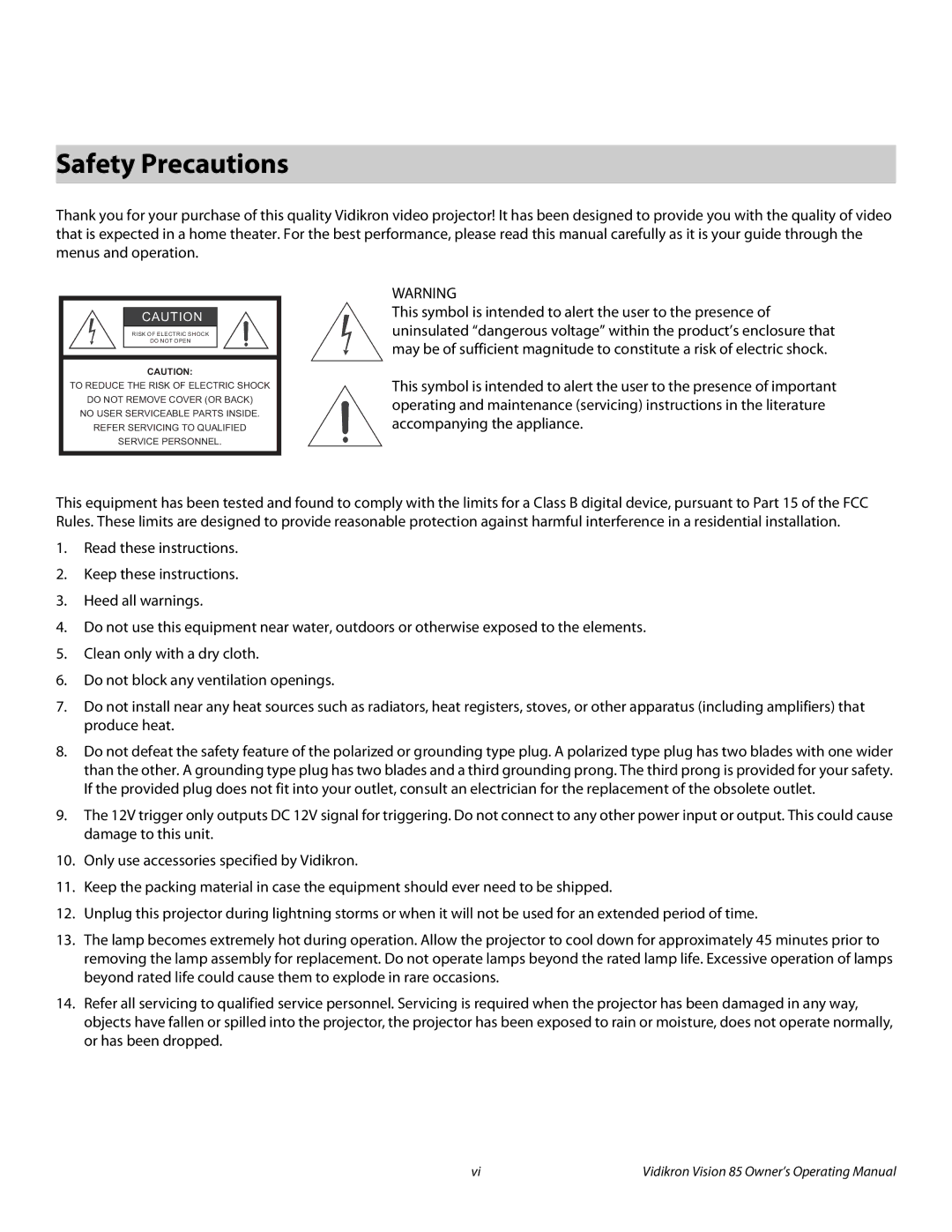 Runco Vision 85 manual Safety Precautions 