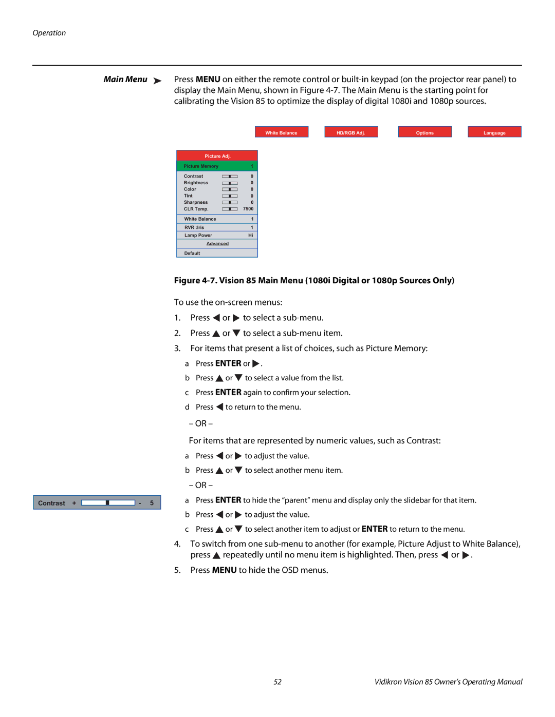 Runco manual Vision 85 Main Menu 1080i Digital or 1080p Sources Only 