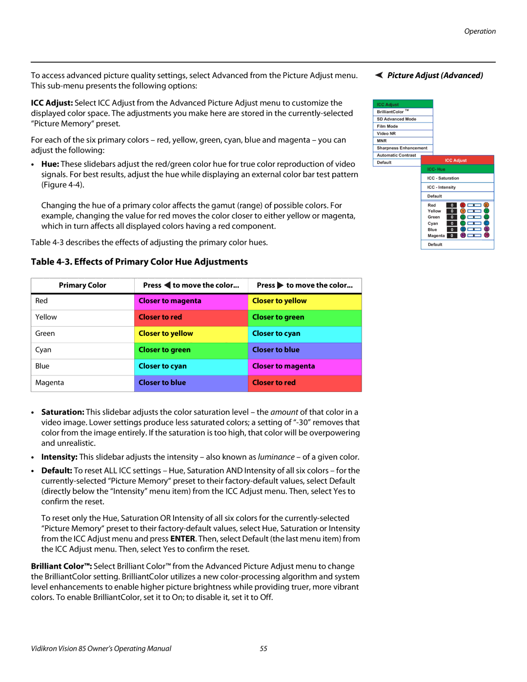 Runco Vision 85 manual Effects of Primary Color Hue Adjustments, Picture Adjust Advanced 