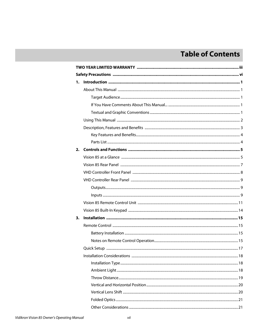 Runco Vision 85 manual 1Table of Contents 