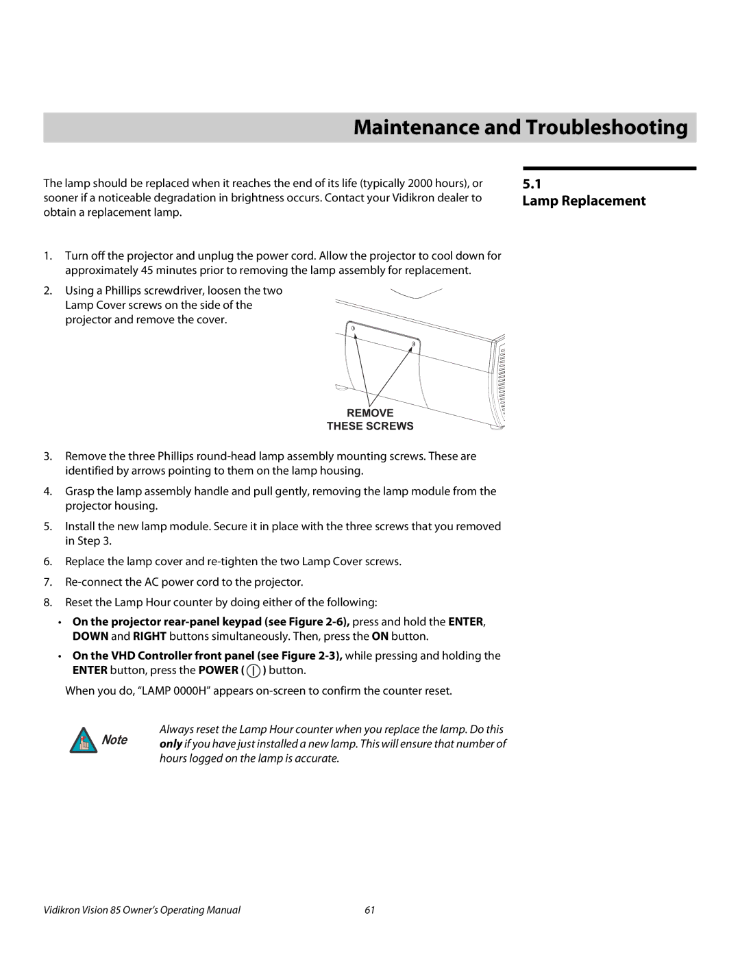 Runco Vision 85 manual 5Maintenance and Troubleshooting, Lamp Replacement 