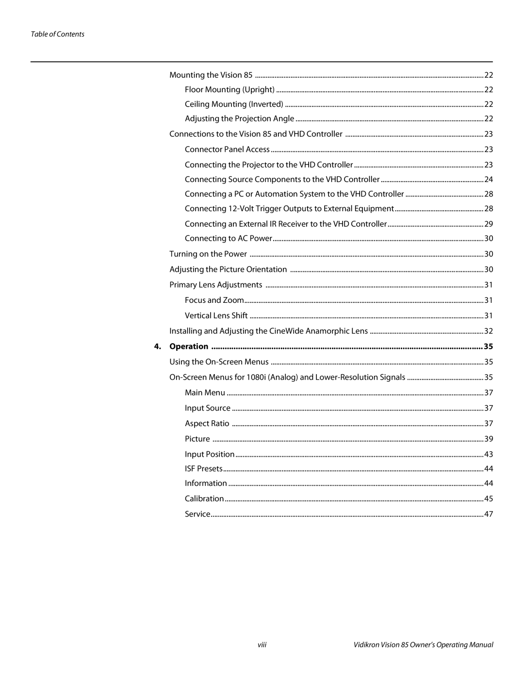 Runco Vision 85 manual Table of Contents, Operation 