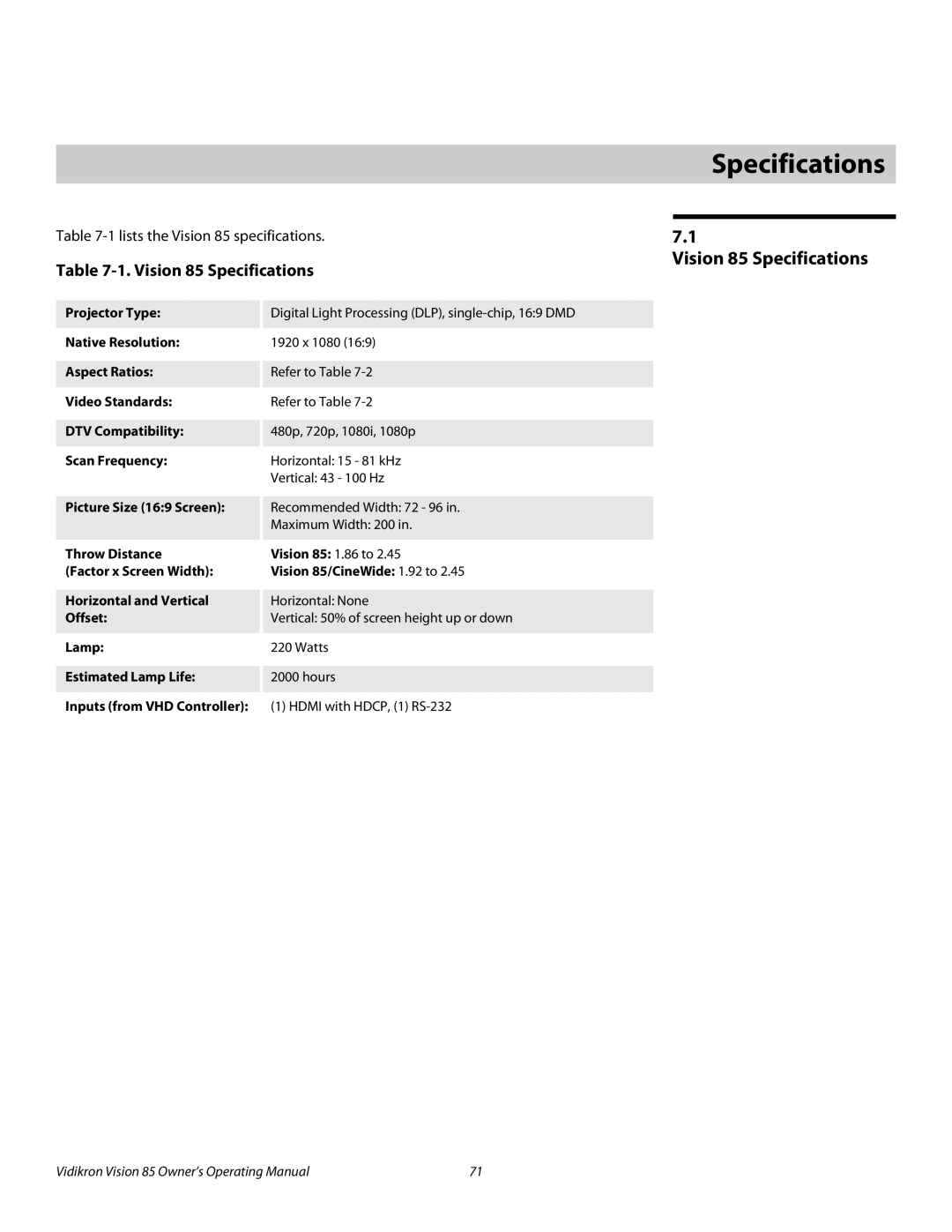 Runco manual 7Specifications, Vision 85 Specifications 