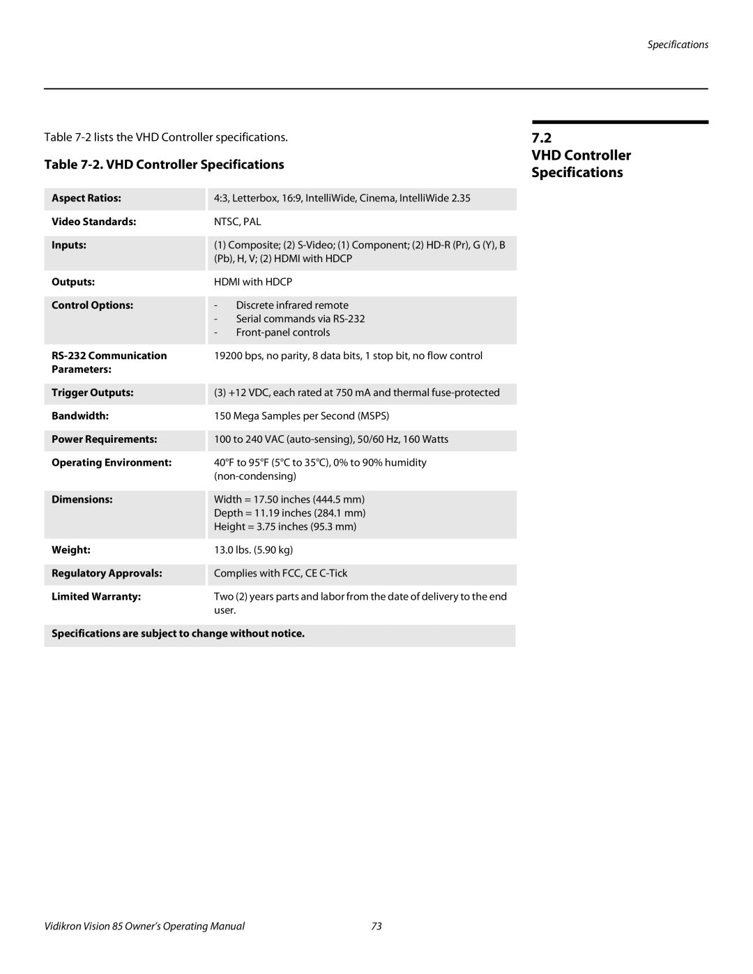 Runco Vision 85 manual VHD Controller Specifications 