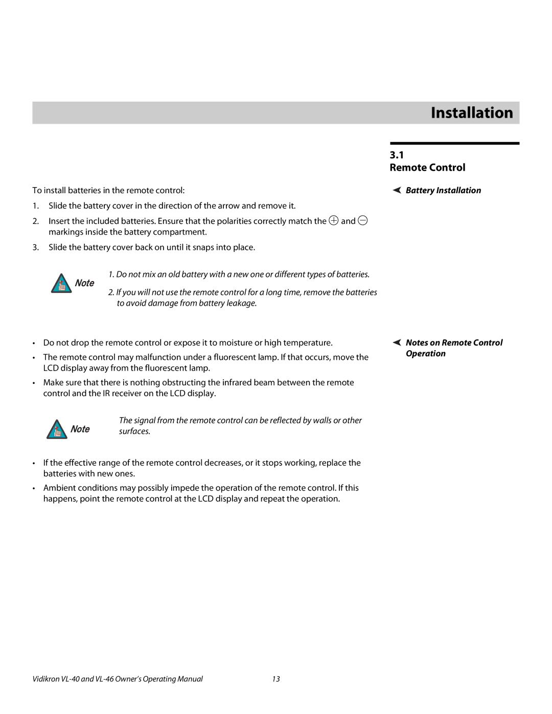 Runco VL-46, VL-40 manual 3Installation, Remote Control, To install batteries in the remote control 