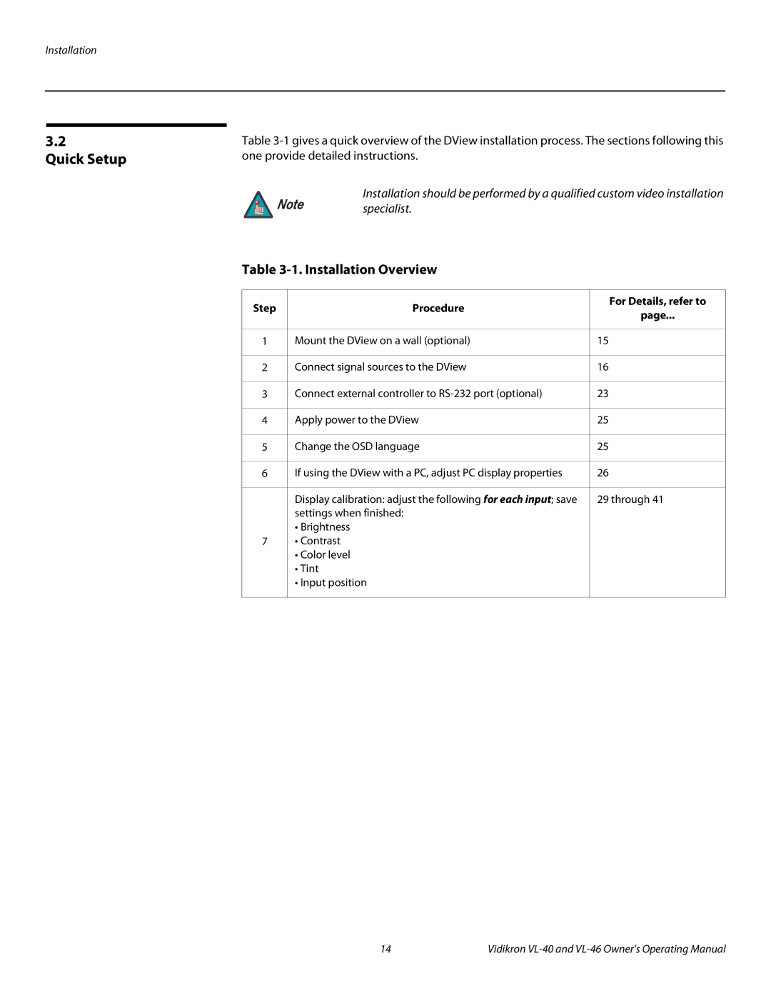 Runco VL-40, VL-46 manual Quick Setup, Installation Overview, Step Procedure For Details, refer to 