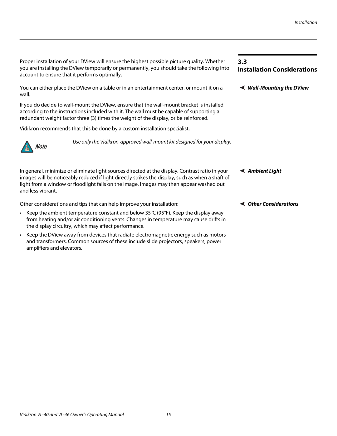 Runco VL-46, VL-40 manual Installation Considerations, Wall-Mounting the DView, Ambient Light 