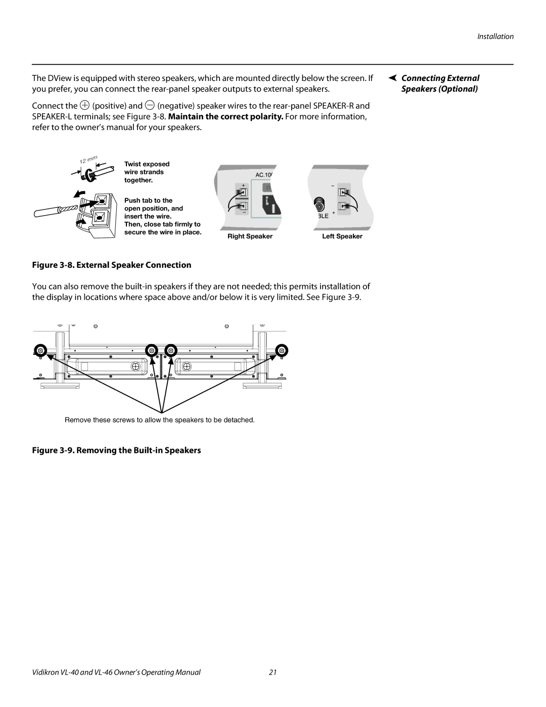 Runco VL-46, VL-40 manual Connecting External, Speakers Optional 