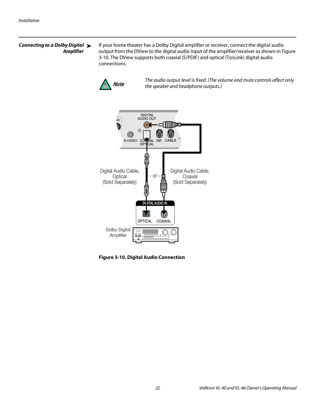 Runco VL-40, VL-46 manual Amplifier, Digital Audio Connection 