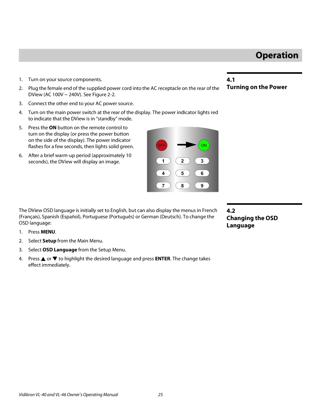 Runco VL-46, VL-40 manual 4Operation, Turning on the Power, Changing the OSD Language 