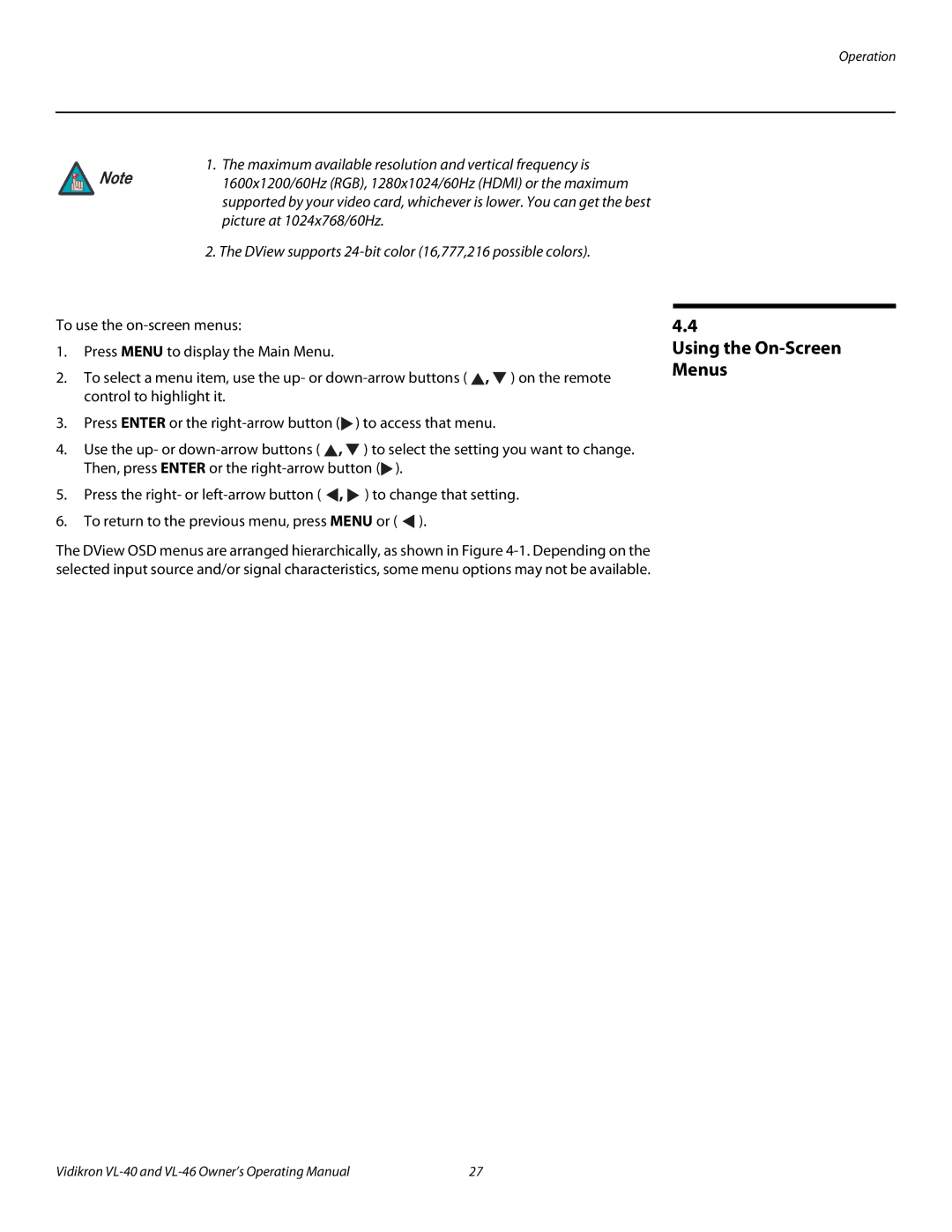 Runco VL-46, VL-40 manual Using the On-Screen Menus 