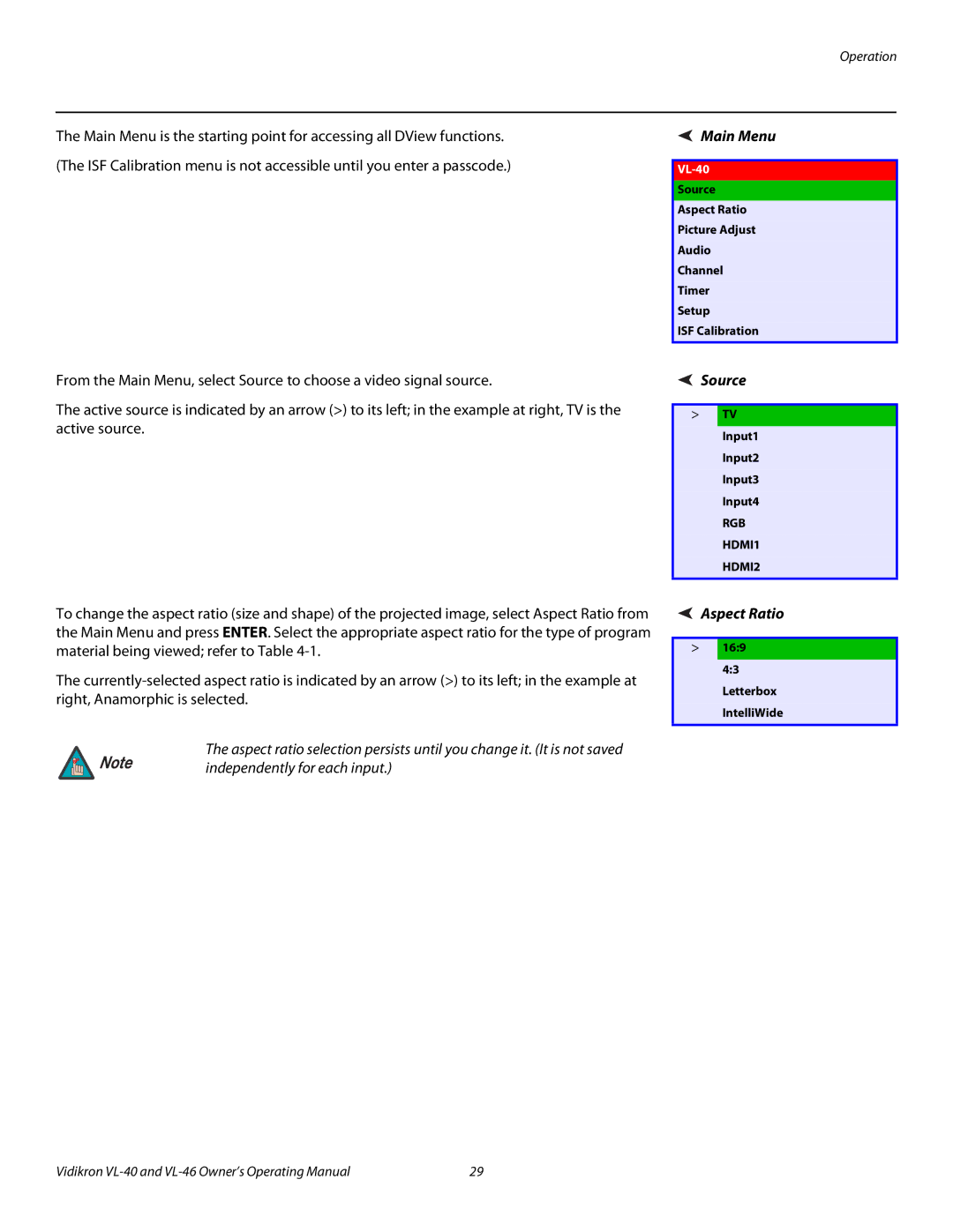 Runco VL-46, VL-40 manual Main Menu, Source, Aspect Ratio 