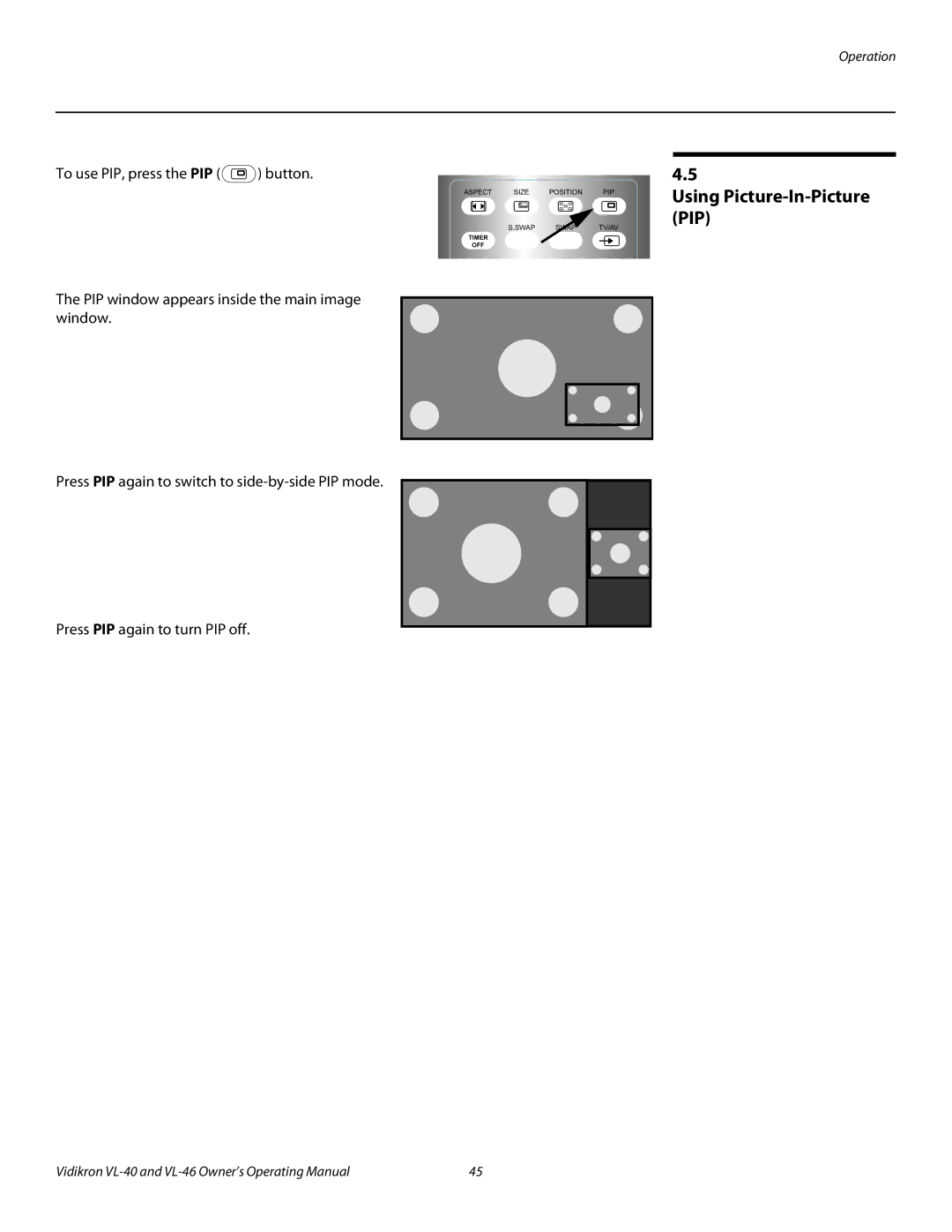 Runco VL-46, VL-40 manual Aspect Size Position PIPUsing Picture-In-Picture PIP 