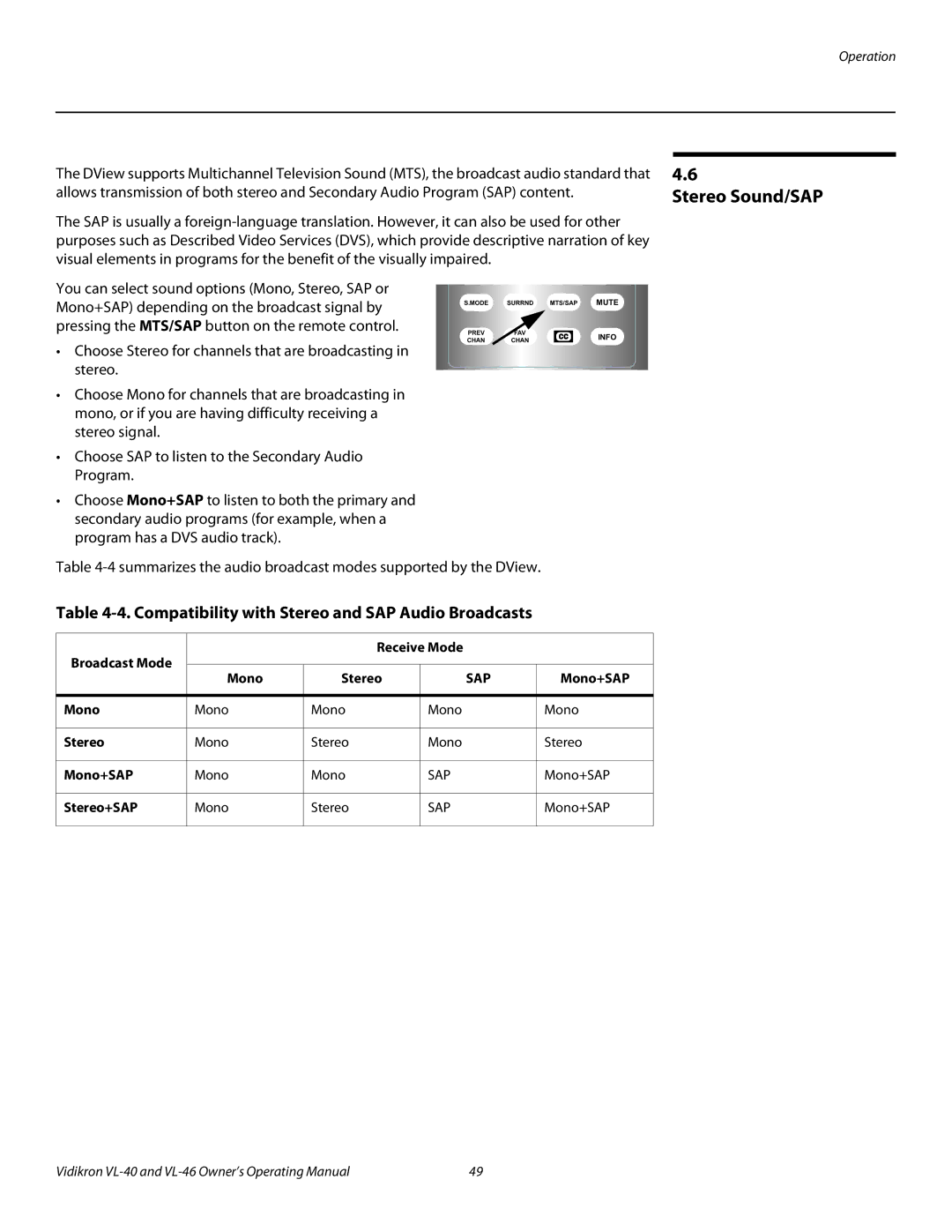 Runco VL-46 Stereo Sound/SAP, Compatibility with Stereo and SAP Audio Broadcasts, Broadcast Mode Receive Mode Mono Stereo 