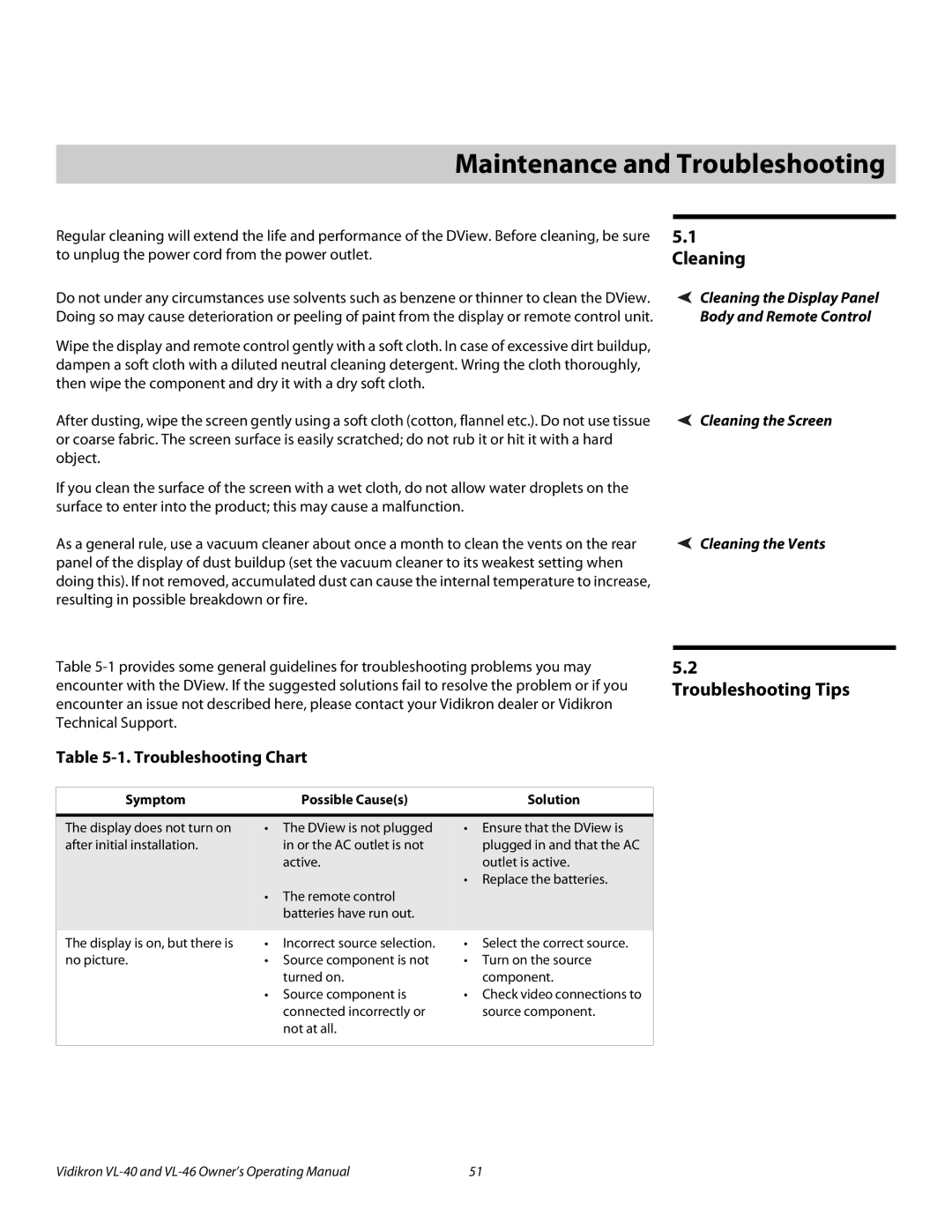 Runco VL-46, VL-40 manual 5Maintenance and Troubleshooting, Cleaning, Troubleshooting Tips, Troubleshooting Chart 